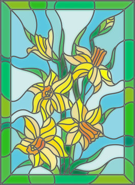Illustration in stained glass style with daffodils on blue background