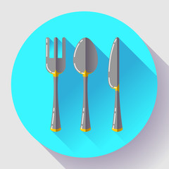 Dishes - Spoon knife and fork icon. Flat vector design with long shadow.