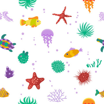 Seamless vector  pattern with cute cartoon fish 