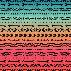 Hand drawn geometric ethnic tribal seamless pattern. Wrapping paper. Scrapbook. Doodles style. Tribal native vector illustration. Aztec background. Stylish ink graphic texture for design. Boho stripes