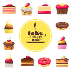 Set of delicious biscuits. Yummy cupcakes, donuts and muffins.