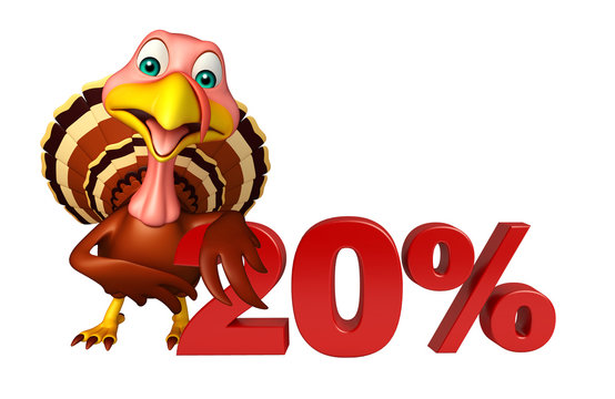 fun Turkey  cartoon character  with 20% sign