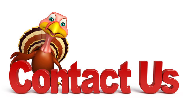 fun Turkey  cartoon character with contact us sign