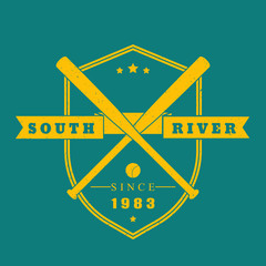 Baseball vintage emblem, logo, t-shirt print with crossed baseball bats on shield, vector illustration