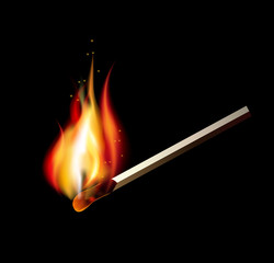Burning match on a black background for design