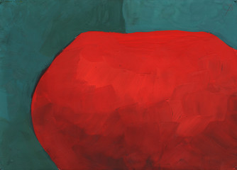 abstract painting gouache - red spot on a blue-green background