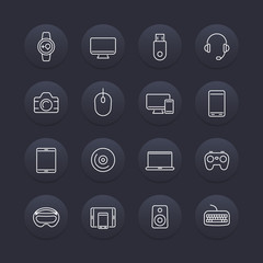 Modern gadgets line icons, dark round set, vector illustration