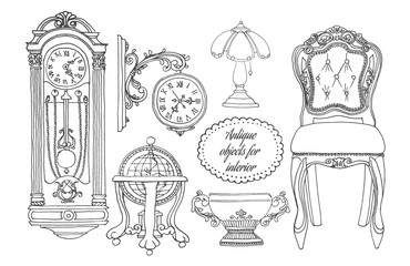 Hand drawn retro furniture set. 