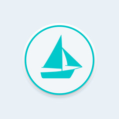 Sailboat icon on round shape, boat with sail pictogram, vector illustration
