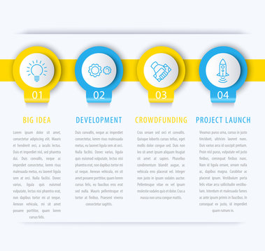 Startup infographic design elements, steps, timeline in blue and yellow, vector illustration