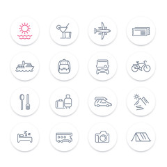 Travel, tourism line icons set, recreation, trip, tour, journey, linear pictograms on round shapes, vector illustration
