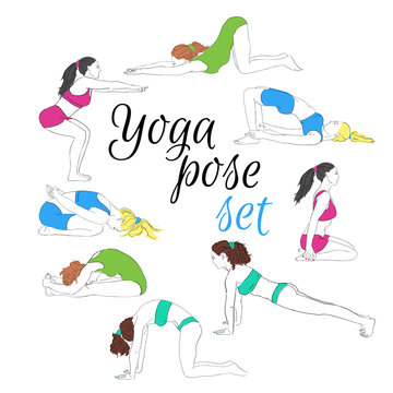 Colored yoga poses set, hand-drawn image.