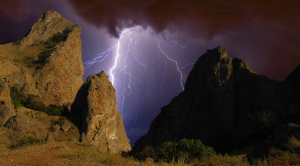 Lightning over the sea shore. Black sea, Crimea. Fantasy