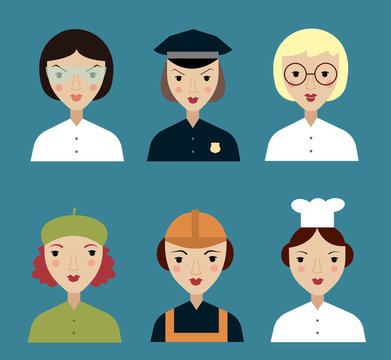 Set of women characters in different roles. Women's heads. Women's profession. Doctor, engineer, scientist, police, painter, cook, builder, artist.