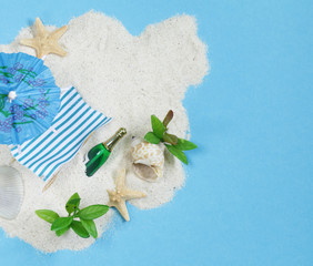 Travel vacation concept - sand island beach with sunbeds