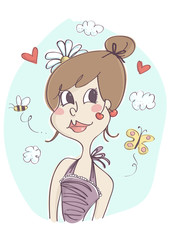 Cute, stylish fashion girl with flower on her hair and cherries on her ear. Funny doodles in the background, summer or spring time.