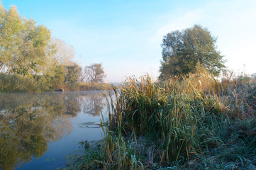 River landscape and autumn wood