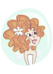 Cute illustration of sweet, adorable angel girl with white angel wings, smiling.