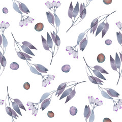 Seamless floral pattern with the watercolor simple blue abstract flowers, hand drawn on a white background