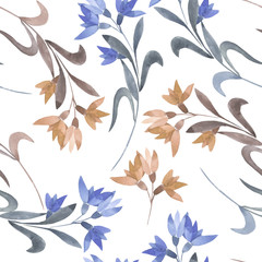 Seamless floral pattern with the watercolor simple pink and blue abstract flowers, hand drawn on a white background