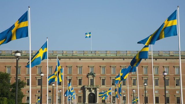 Swedish flags flying at the celebration of the Swedish National Day, 6th of June. In the background the Royal Palace in Stockholm.