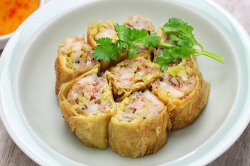 fried shrimp tofu ( bean curd ) skin rolls, chinese dim sum food