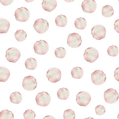 Seamless pattern with the watercolor tender pink spots, blots, hand drawn on a white background