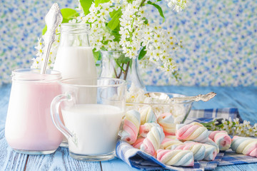 organic healthy food with milk and twisted marshmallow