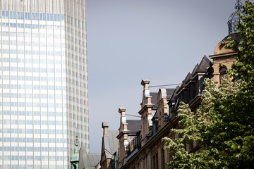Contrast of modern highrise and old Buildings in Frankfurt, Germany
