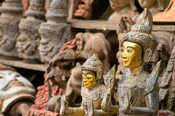 Display of traditional puppets in the street market in Mingun, Myanmar. Mingun is a popular boat...