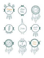 Feathers and dream catcher hand drawn badges 