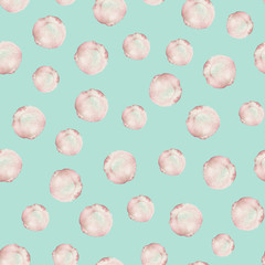 Seamless pattern with the watercolor pink spots, blots, hand drawn on a mint background