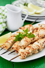 Chicken shish kebab on skewers.