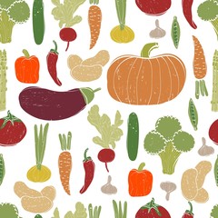 Vector seamless pattern with fresh hand drawn vegetables. Made in vector.
