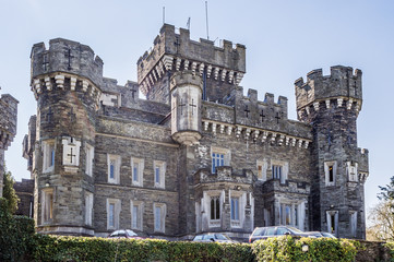 Claife, Lake Windermere, Cumbria, UK. May 9th 2016. Victorian Neo-gothic Wray Castle on the shores...