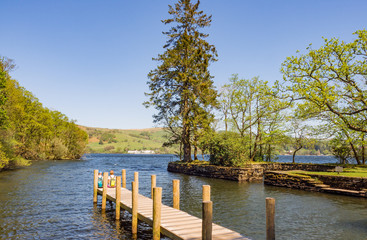 The wooden pier at Wray Castle, Lake Windermere, Cumbria, UK