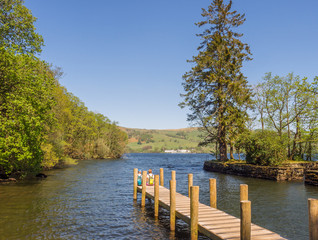 The wooden pier at Wray Castle, Lake Windermere, Cumbria, UK