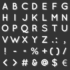 Custom retro characters, letter, symbols and currency with dashed shadow. Collection of retro vector font in white and black color.