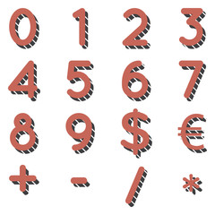 Retro style numbers, currency and symbols in red color with dark dashed shadows isolated on white background. Custom typography for vintage posters and graphics.