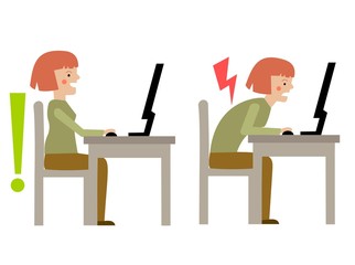 Illustration of incorrect and correct back sitting position. Cartoon character of sitting person isolated on background. - 110783135