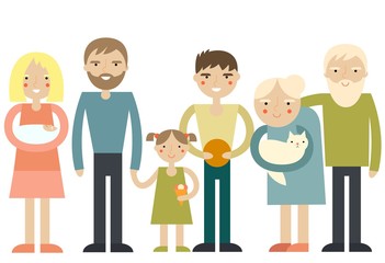 Happy family portrait. Father, mother, son, daughter, grandparents in one picture together. Vector illustration.