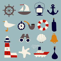 Cute Nautical Set. Flat Vector illustration - nautical design elements. Childish illustration. Isolated.