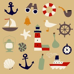 Cute Nautical Set. Flat Vector illustration - nautical design elements. Childish illustration. Isolated.