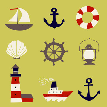 Cute Nautical Set. Flat Vector illustration - nautical design elements. Childish illustration. Isolated.