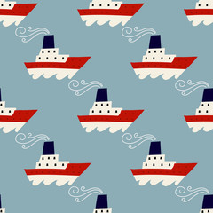 Kids vector seamless pattern with steamships. Cute childish Vector background. Marine pattern. Can be used for wallpapers, pattern fills, web page backgrounds, surface textures, textile, wrapping.