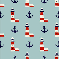 Kids vector seamless pattern with lighthouse and anchor on blue background. Cute childish vector background.