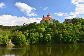 Naklejka premium Beautiful Gothic castle Veveri. The city of Brno at the Brno dam. South Moravia - Czech Republic - Central Europe. Spring landscape.