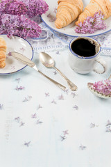 Spring breakfast of coffee and croissants