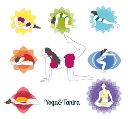 Colored yoga poses  and chakras set