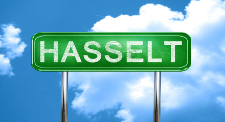 Hasselt vintage green road sign with highlights